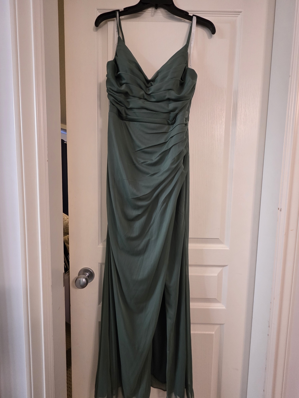 Azazie Eucalyptus Green Draped Spaghetti Strap Maxi Dress